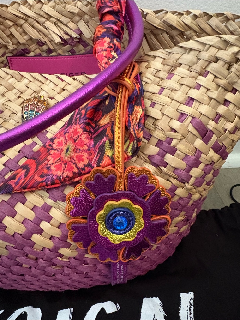 Kurt Geiger Purple-Trim Straw Tote with Floral Scarf Handles - Picture 5 of 7